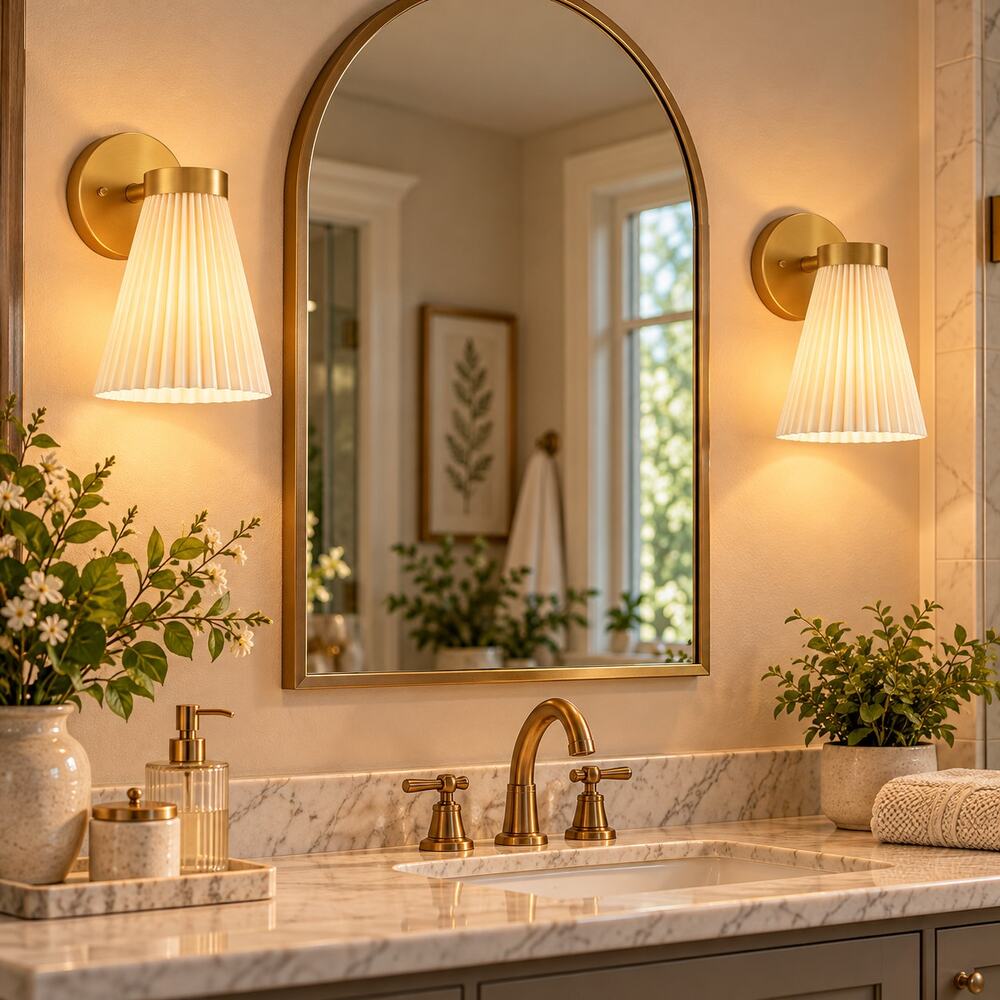 2-Pack Brushed Gold Wall Sconces – White Striped Fabric Shades